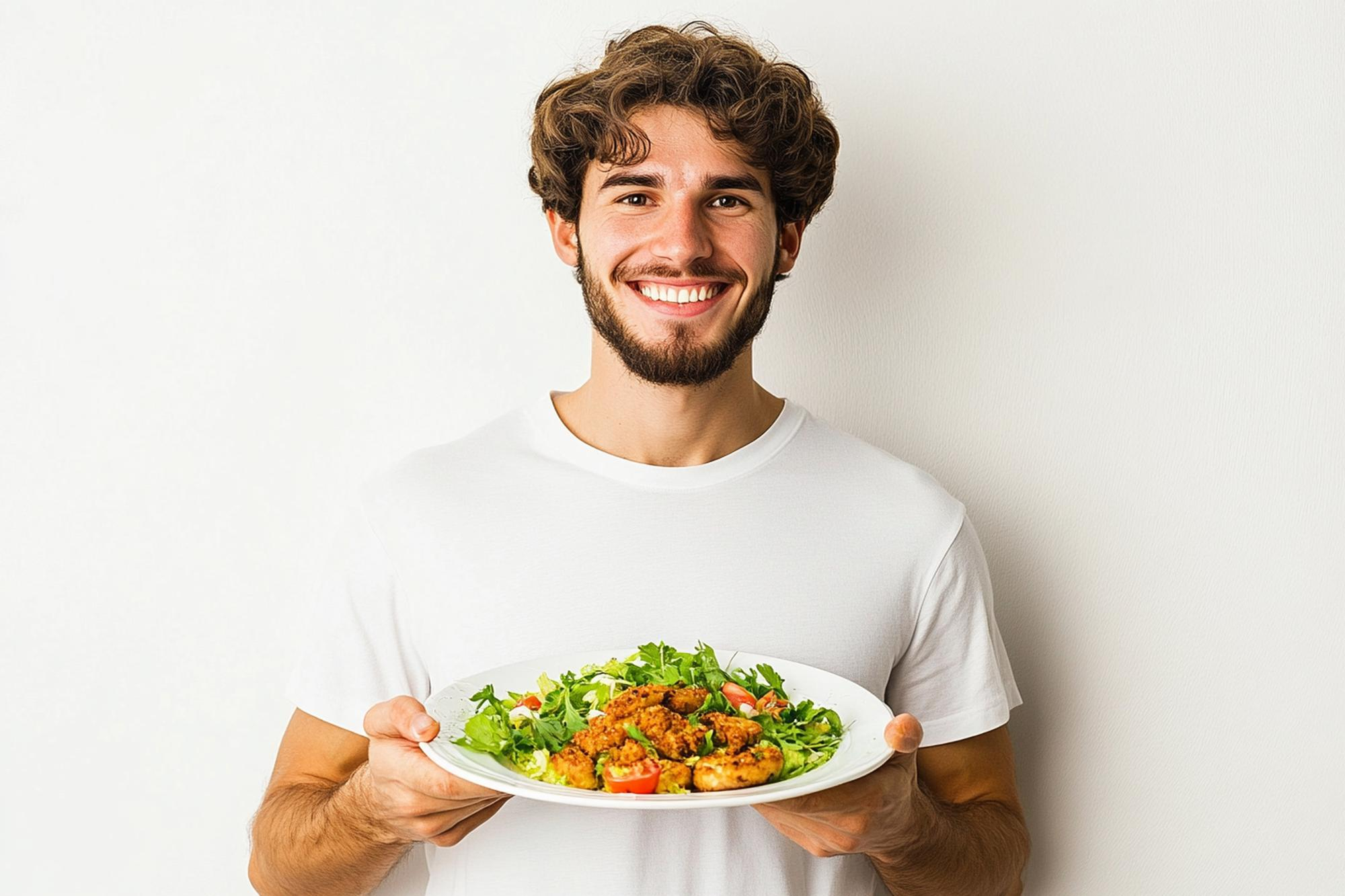 Hombre preparando una comida cotidiana con vegetales y granos